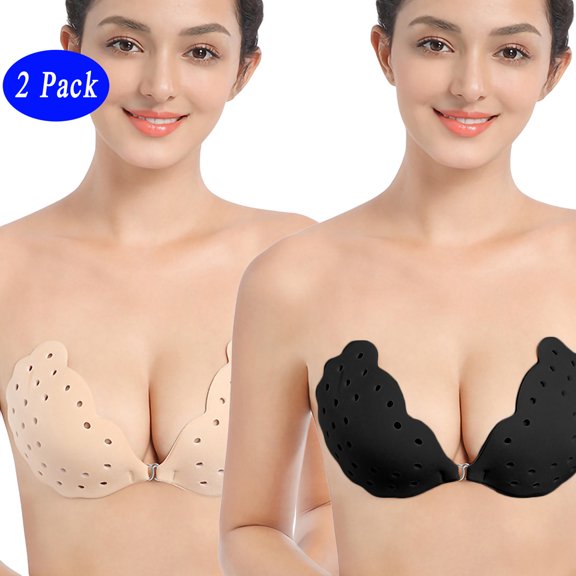 LELINTA 1/ 2Packs Self Adhesive Silicone Bra Strapless Bra 3/4 Cup Push up Invisible Bra Suit For Backless Dresses Wedding Party, Beige/ Black