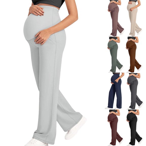 Teyfeniy Maternity Pants for Women Stretchy Pregnancy Trousers Comfy Straight Leg Yoga Pajama Pants with Pockets Over the Belly Supporting Lifting Soft Pants