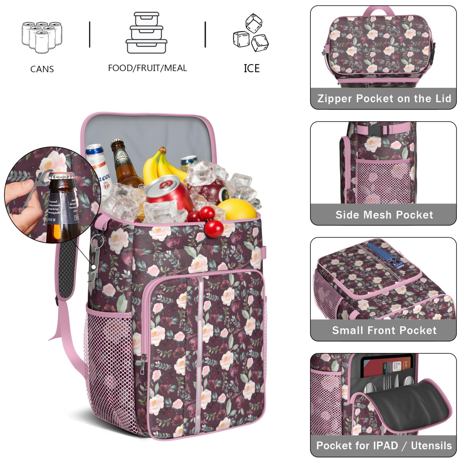 Travel Cooler Bag - Pioneer Flower Floral Print Pattern Camping Beer Cooler Backpack with Bottle Opener- Waterproof Insulated Picnic Backpacks - Cooler Bag for Beach