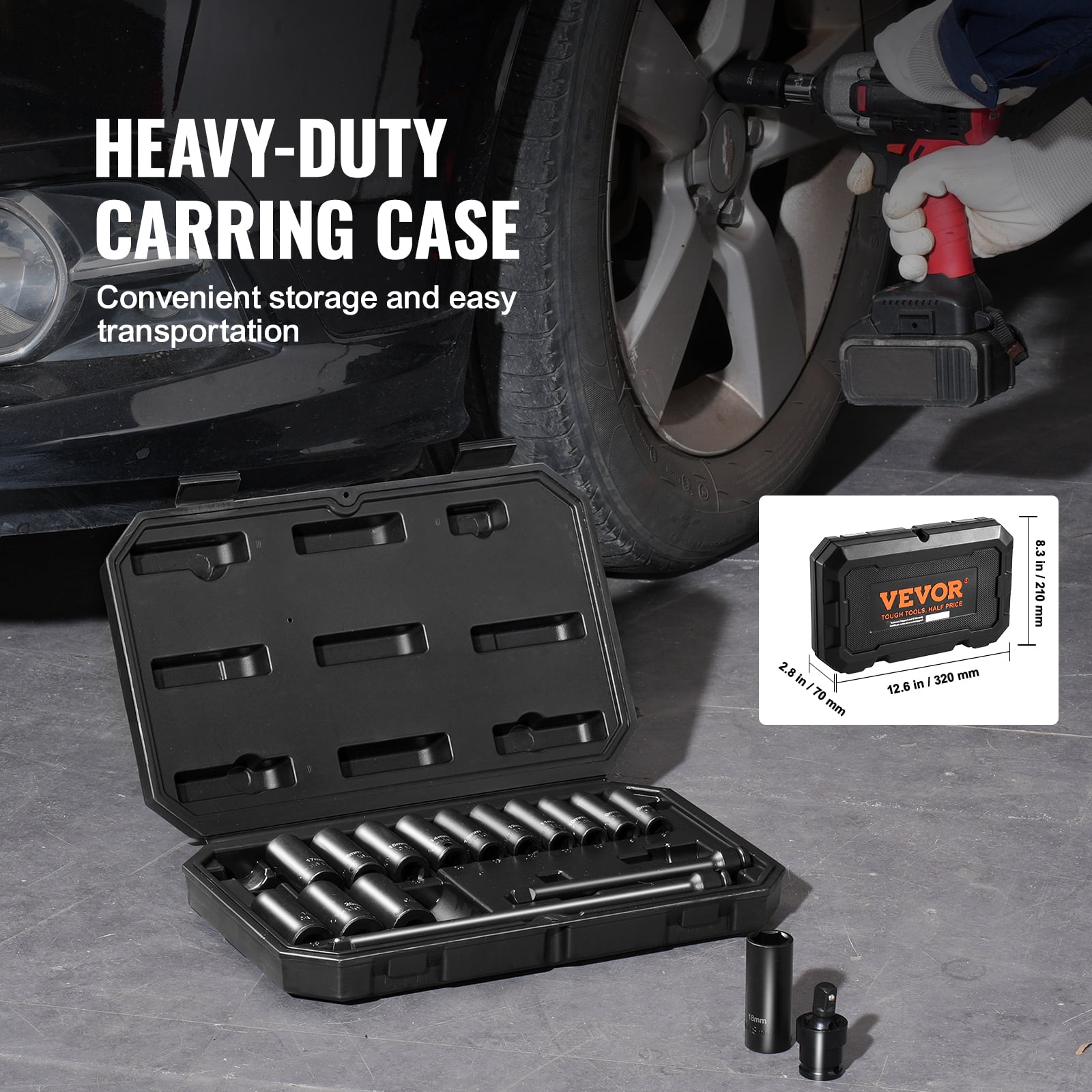VEVOR Drive Impact Socket Set 3/8" - 18 Piece Deep Socket Set Metric 8-22mm - 6 Point CR-V Alloy Steel for Auto Repair - Easy-to-Read Size Markings - Rugged Construction Includes Storage Case
