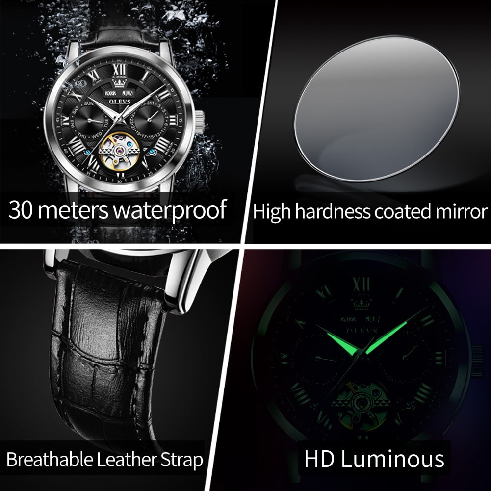 OLEVS Automatic Watches for Men Self Winding Mechanical Skeleton Flywheel Multifunction Luxury Dress Roma Rumerals Calendar Waterproof Luminous Men Wrist Watches Leather