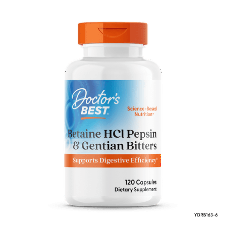 Doctor's Best Betaine HCI Pepsin and Gentian Bitters, Non-GMO, Gluten Free, Digestion Support, 120 Caps