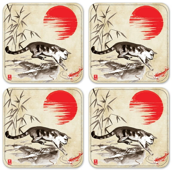 Vinyl Drink Coasters - Set of 4 - Cat & Koi Drawing