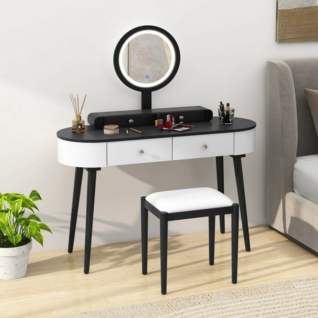 Costway Solid Wood Makeup Vanity Desk Set with LED Lighted Mirror Drawers Cushioned Stool White + Black