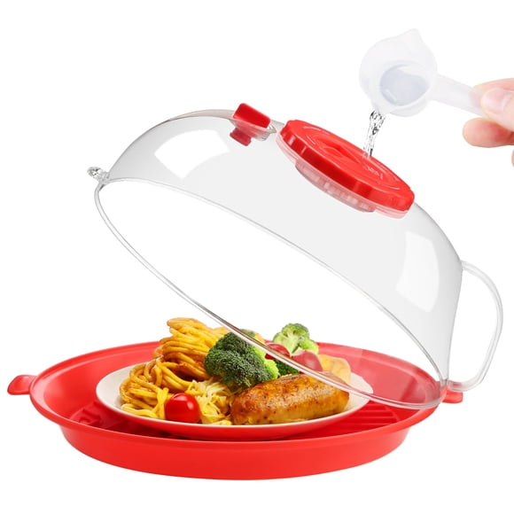 Microwave Splatter Cover Lid 26cm w/ Water Steamer, Red