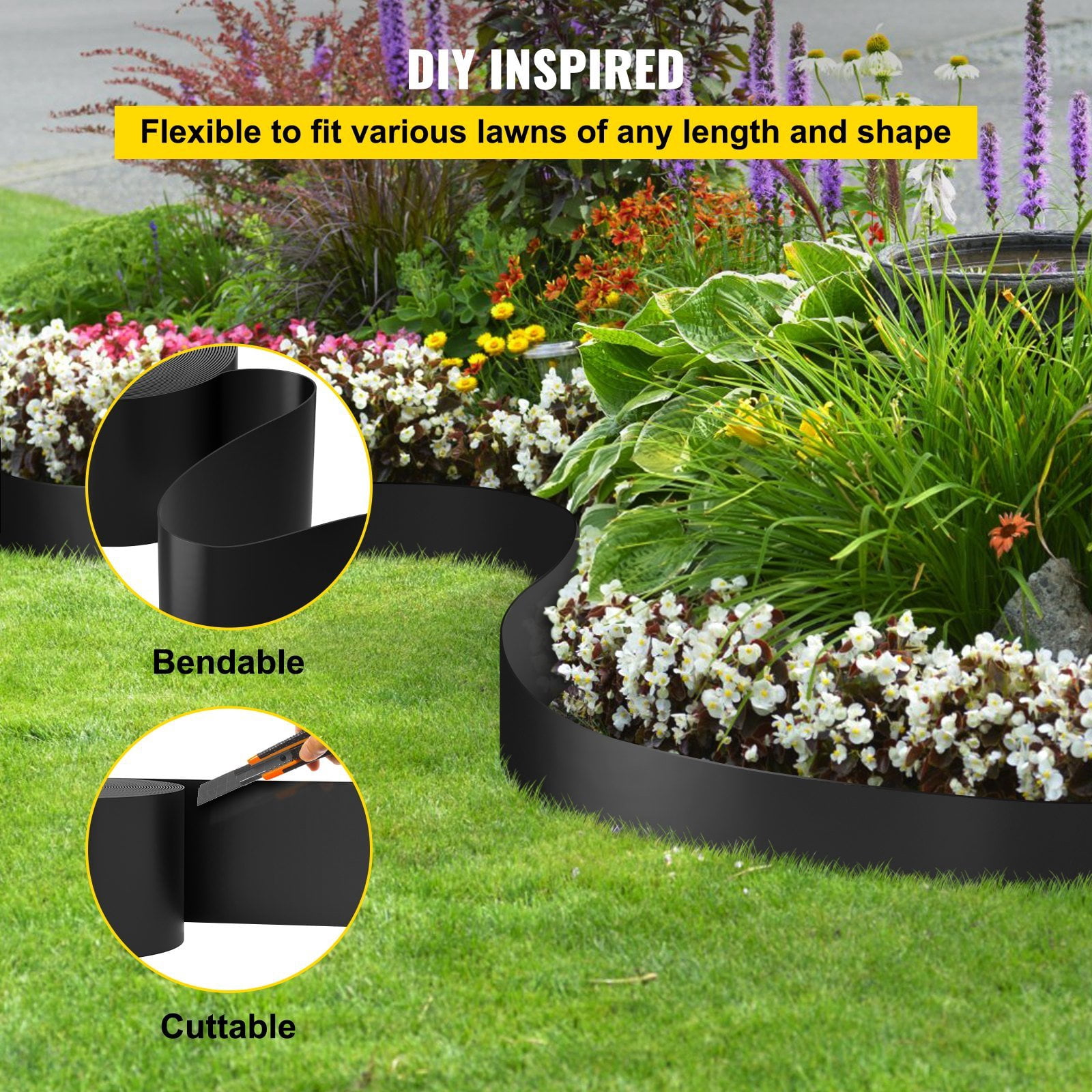 Recycled HDPE Landscape Edging, 10-Inch Depth x 80-Ft Coiled Border, Flexible Lawn & Garden Barrier, Black – Weed Control
