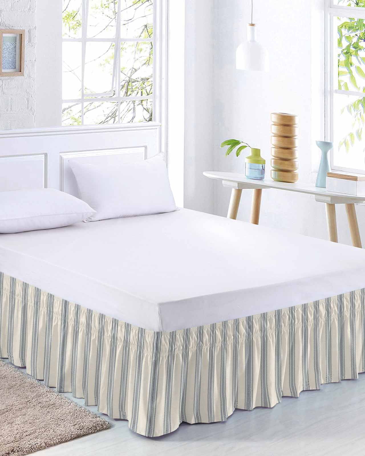 Blue Striped Bed Skirt Queen Size, Modern Farmhouse Stripes Rustic Wrap Around Bed Skirting with Adjustable Elastic Strap, Dust Ruffle Pleated Bedskirts 16 Inch Drop for Bedroom Queen Beds