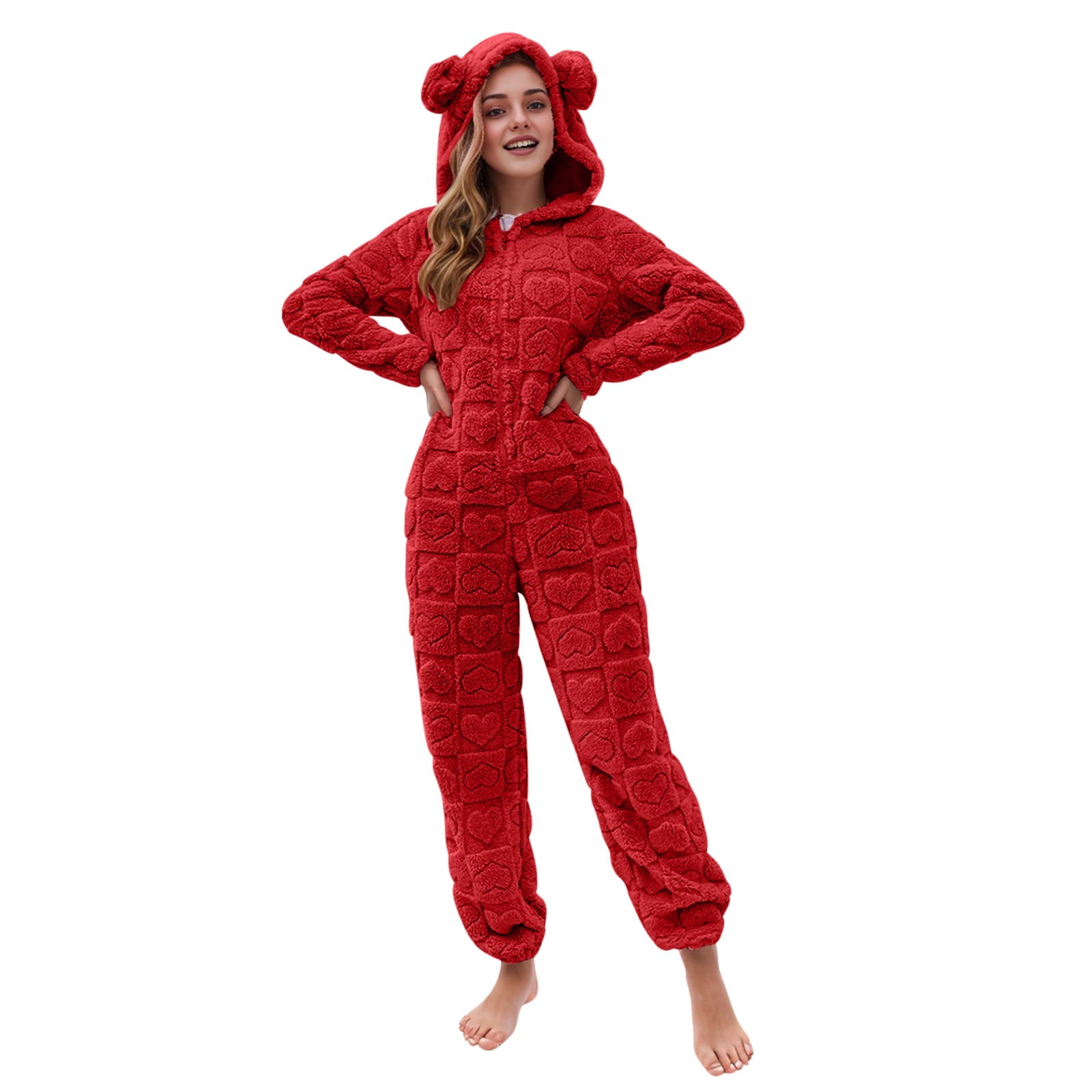 BiZtdJrK Women's Furry Sherpa Onesie Pajamas Fashion Heart Jacquard Jumpsuits Cute Ear Hood Romper Lounge Sleepwear, Red, M