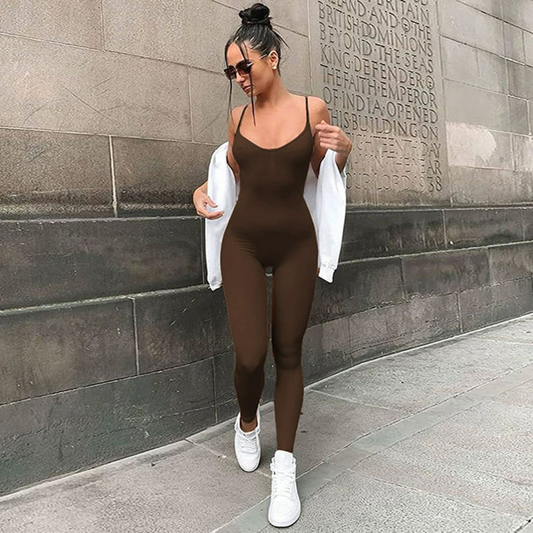 Baqcunre Seamless Spaghetti Strap Leisure Yoga Workout Gym Leggings Padded  Bra Jumpsuit Crz Yoga Leggings Workout Clothes For Women One Piece Bodysuit  Bodysuits For Women,Color Coffee,Size M 