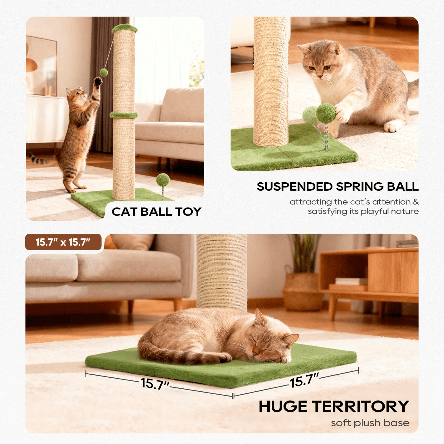 BORGEBY 33 Inch Cat Scratching Post, Natural Sisal Rope Cat Scratcher with Hanging Ball Toy for Indoor Cats and Adults ,Green
