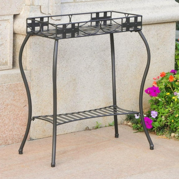 International Caravan Santa Fe Plant Stand - Rectangular Metal Nailhead Outdoor Indoor Decor-Color:Antique Black