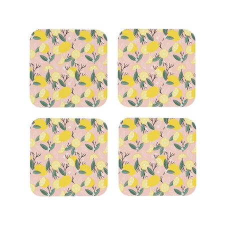 

Leather Coasters Set of 4 - Cute Lemon Green Leaves Pink Lightweight Non-Slip Drink Coasters for Desk Anti-Scalding Desk Cup Coasters for Office Table Decor Square