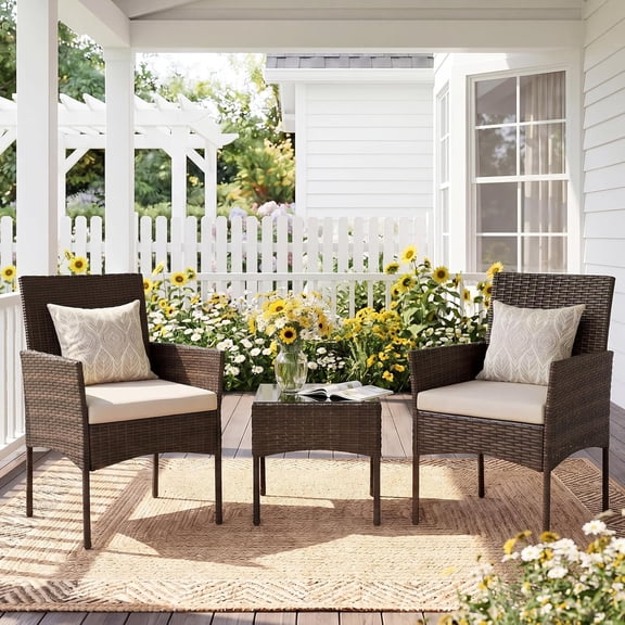 Simenmax 3 Piece Patio Wicker Furniture Set, Outdoor Rattan Chairs with Tempered Glass Coffee Table, Comfortable Washable Cushions for Balcony, Backyard, Poolside, Beige