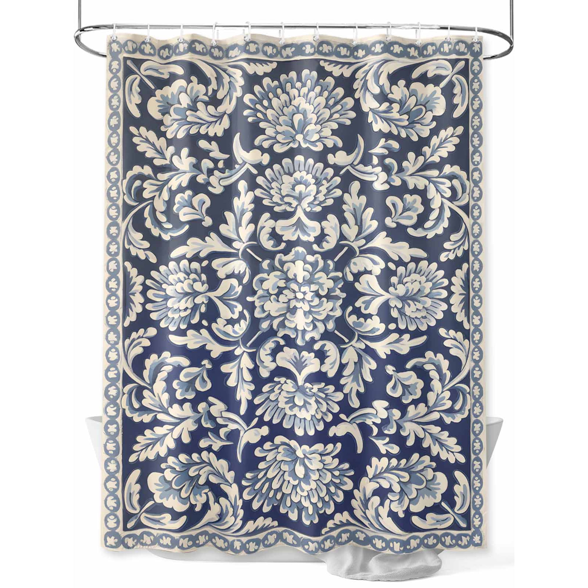 Fsddascl Blue Boho Flower Shower Curtain Set - Extra Long 72" x 96" Bathtub Curtain with 12 Hooks, Country Vintage Tribal Ethnic Motifs Waterproof Fabric Stall Shower Curtains for Bathroom/Bathtub