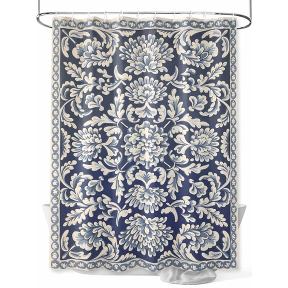 Fsddascl Blue Boho Flower Shower Curtain Set - Extra Long 72" x 96" Bathtub Curtain with 12 Hooks, Country Vintage Tribal Ethnic Motifs Waterproof Fabric Stall Shower Curtains for Bathroom/Bathtub