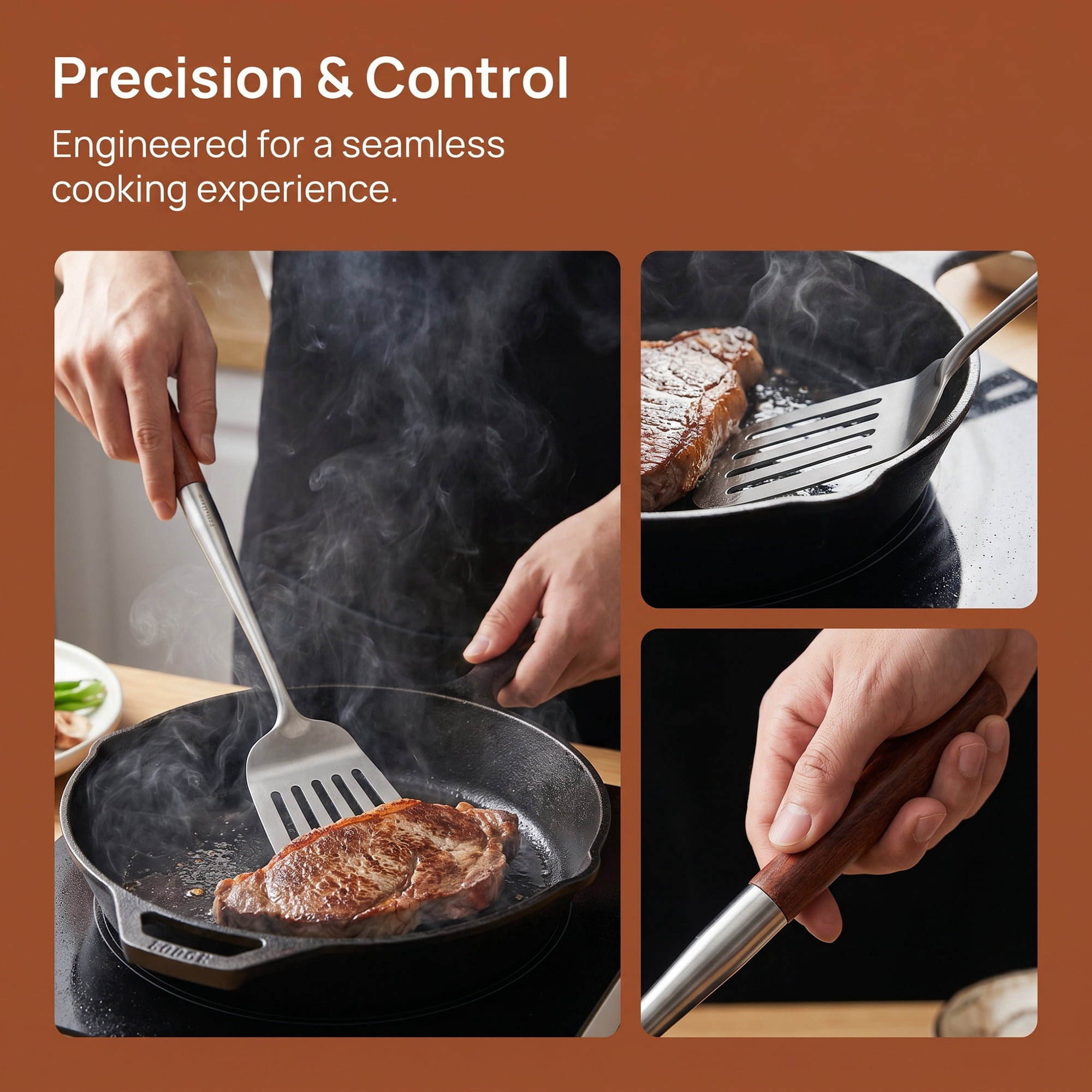 Unique Bargains Cooking Utensil Set, Stainless Steel Kitchen Gadgets Brown F 2pcs