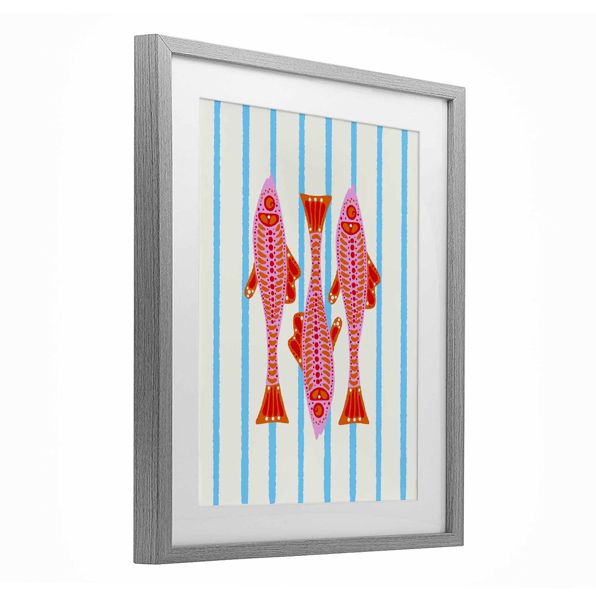 Stupell Industries Bright Aquatic Fish on Stripes Gray Framed Print Under Glass, design by Indira Prieto | IndySign