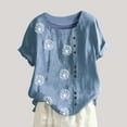 thumbnail image 2 of Atogsazn Summer Short Sleeve Shirts for Women Casual Round Neck Flower Printing Loose Blouses Linen Tops for Women Blue L, 2 of 5