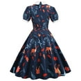 thumbnail image 4 of ICHUANYI Clearance Women Printing Short Sleeve Puff Sleeves Lace Zipper Dress A-Line Skirt(Navy, XXL) ICHUANYI WER2023081106627, 4 of 6