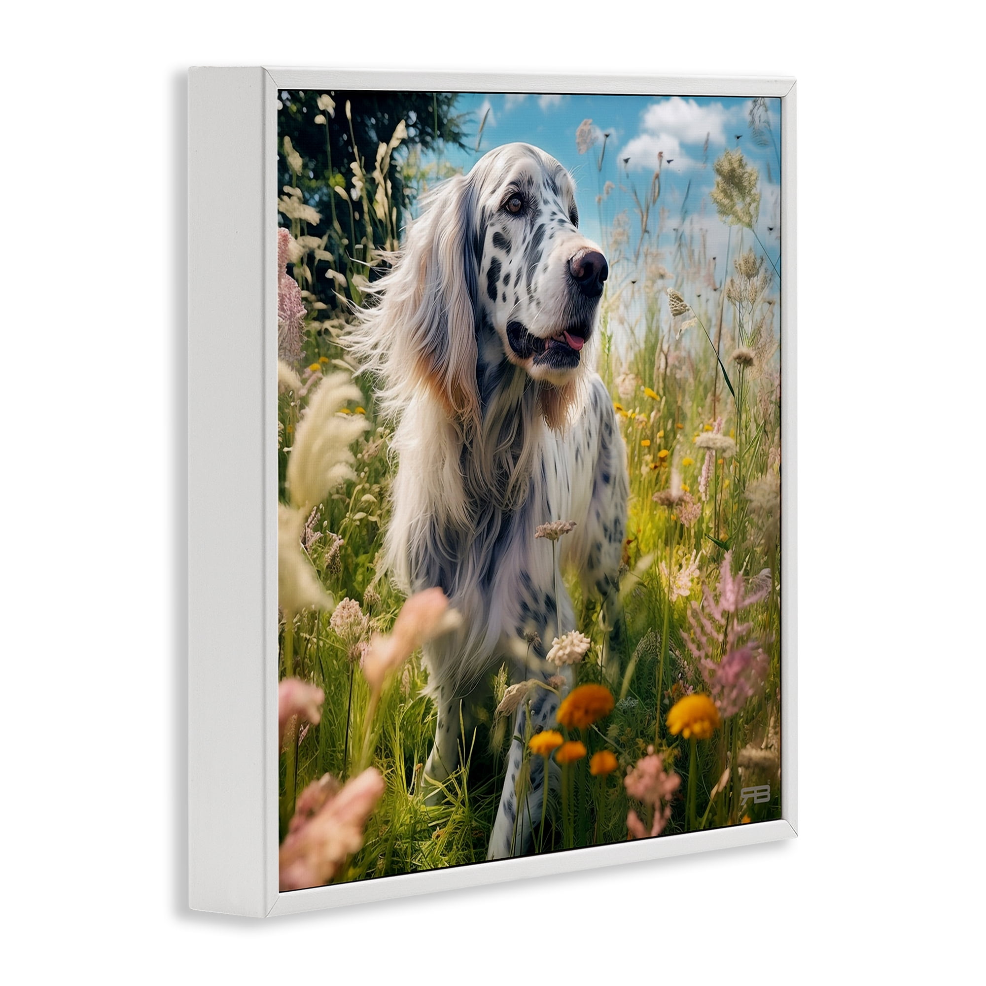 Stupell Industries Happy Dog Among Flowers Landscape Painting White Framed Art Print Wall Art, 24 x 24