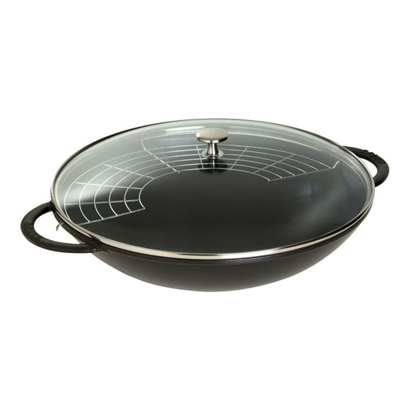STAUB Specialities 37 cm / 14.5 inch Cast Iron Wok With Glass Lid, Black