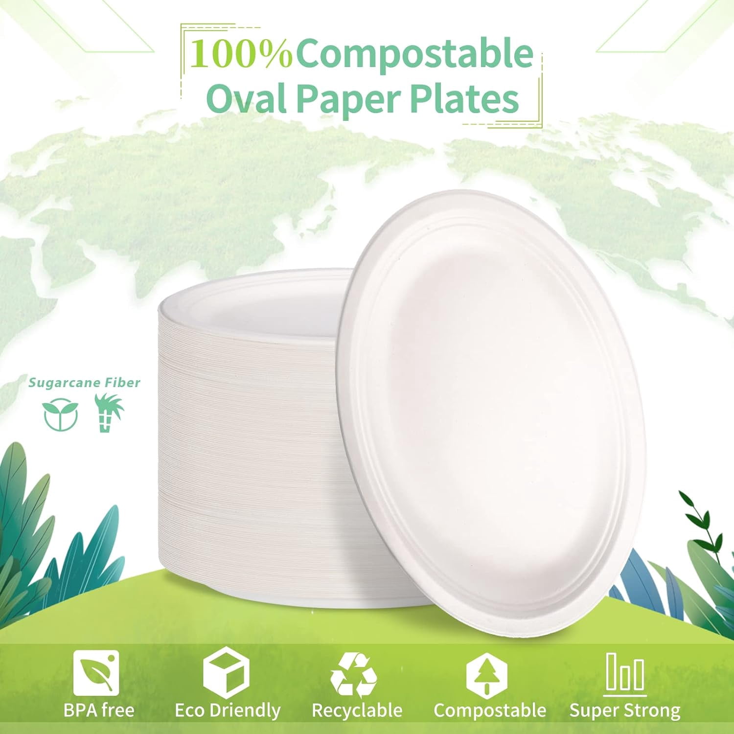 100Pack Disposable Paper Plates,12.5 Inch Oval Paper Plates,Super Strong Eco-Friendly Plates,100% Compostable Biodegradable Plates,White Oval Paper Dinner Plates for Party,Picnic,Large,Thicken