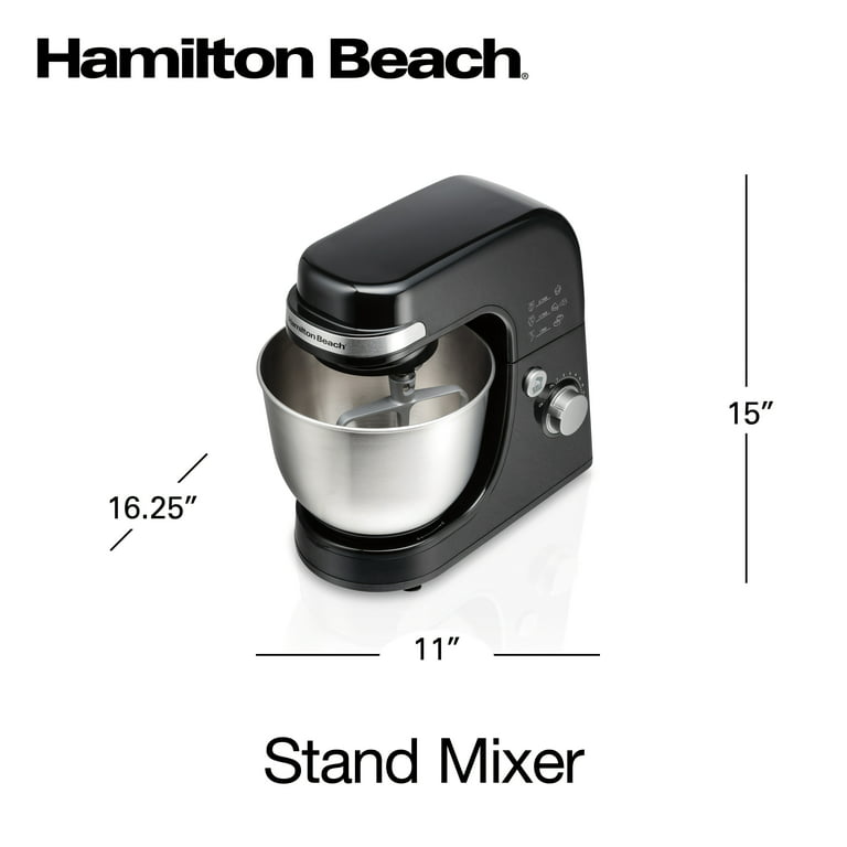 Hamilton Beach Electric Stand Mixer, 4 Quart Stainless Bowl, 7 Speeds,  Tilt-Head, Dough Hook, Whisk and Flat Beater, Splash Guard, 300 Watts,  Black, 63390 