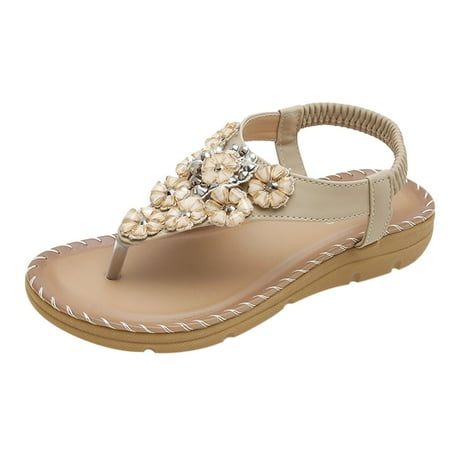 

Gzztg Woman Shoes Women S Bohemian Crystal Flowers Low-Heeled Casual Comfortable Wear-Resistant Womens Sandals