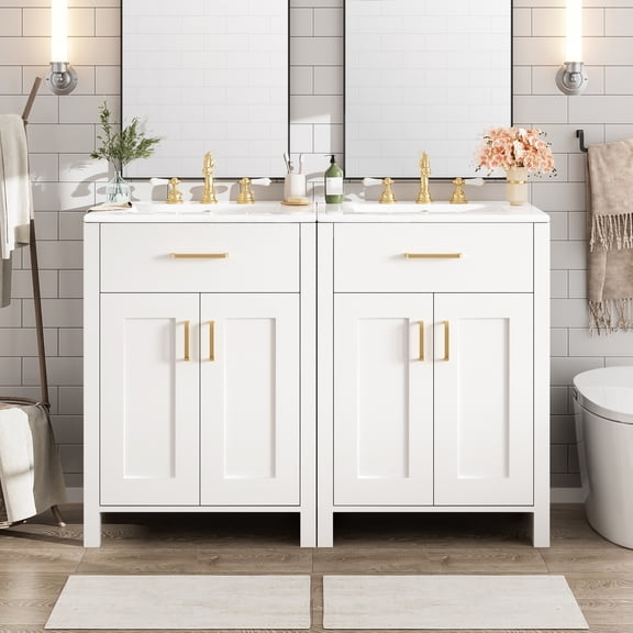 Noble House 48" Modern Bathroom Vanity with Ceramic Sink Set of 2, Soft-Close Doors & Flip Drawer, White