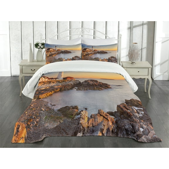 Ambesonne United States Quilted Bedspread Set 3 Pcs, Cape Elizabeth, Queen Size, Pale Blue Tan