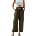 thumbnail image 2 of Palazzo Pants for Women 2026 Casual Cotton Linen Elastic High Waist Wide Straight Leg Flowy Cropped Pants with Pockets, 2 of 9