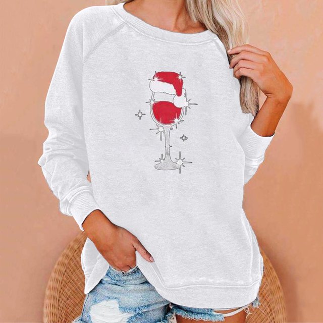 Nouveaux Hauts pour Femmes 2023 Manches Longues Col Rond Hauts Chemises Amples Imprimé de Noël Blouse Graphique Coupe Décontractée Chandail en Molleton Oversize pour Femmes