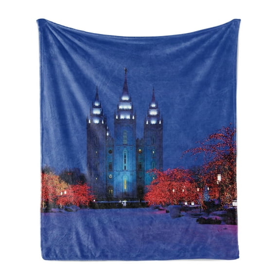 Scenery Soft Flannel Fleece Throw Blanket, City Building Castle Landmark Landscape in Winter with Christmas Celebration, Cozy Plush for Indoor and Outdoor Use, 50" x 60", White and Blue, by Ambesonne