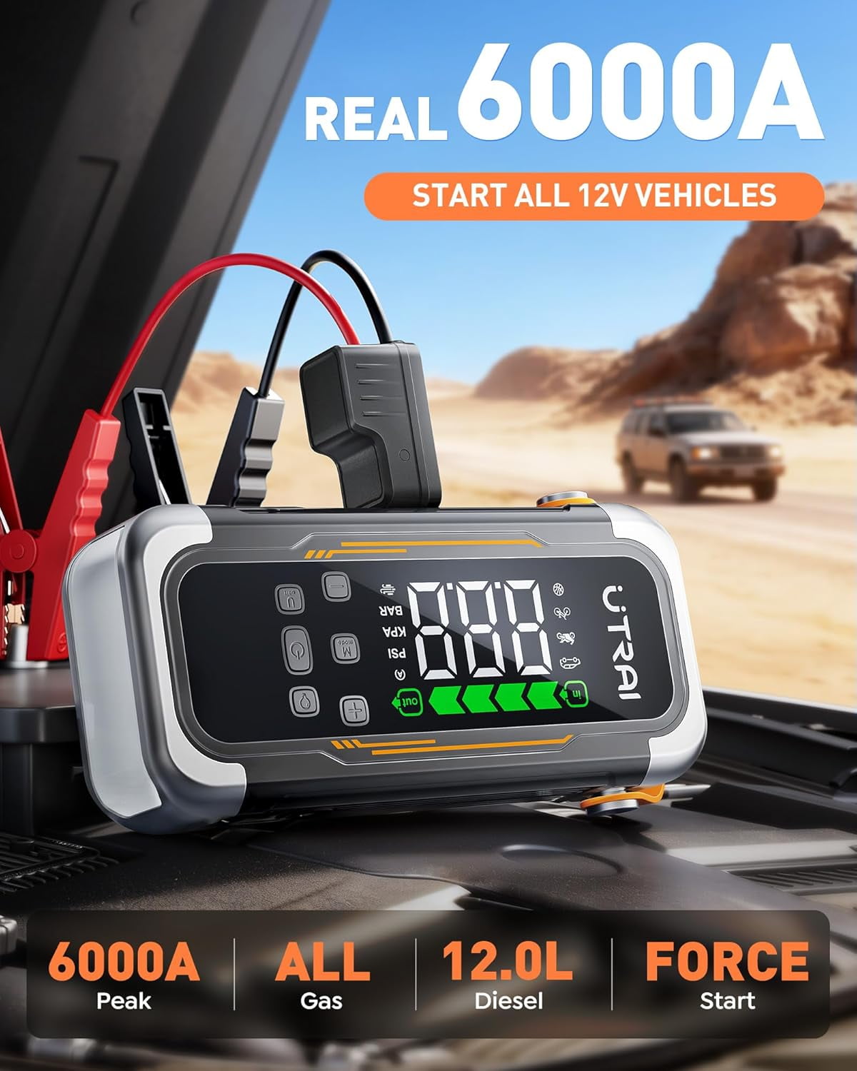 UTRAI 6000A Car Jump Starter with Air Compressor 150PSI PD 30W Power Bank for Gas and 12L Diesel