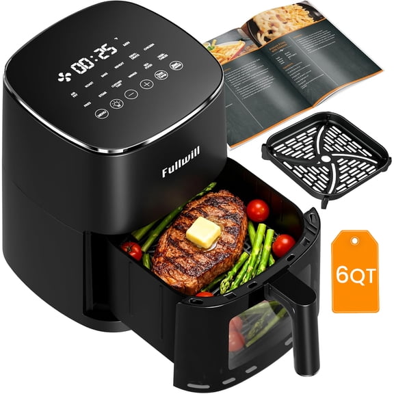 Fullwill 6QT Air Fryer with Visible Window,Nonstick and Dishwasher-Safe Basket,12-in-1 Multi-Function Air Fry,Roast,Bake, Dehydrate, Fries,for Family Party,1700W,Black