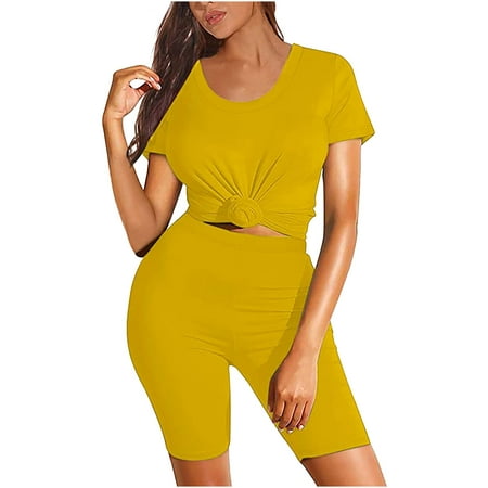 

Dadaria 2 Piece Outfits for Women Shorts Set with Jacket Two Piece Outfits Biker Set Short Sleeve O Neck T Shirt+High Waist Shorts Yellow XL Female