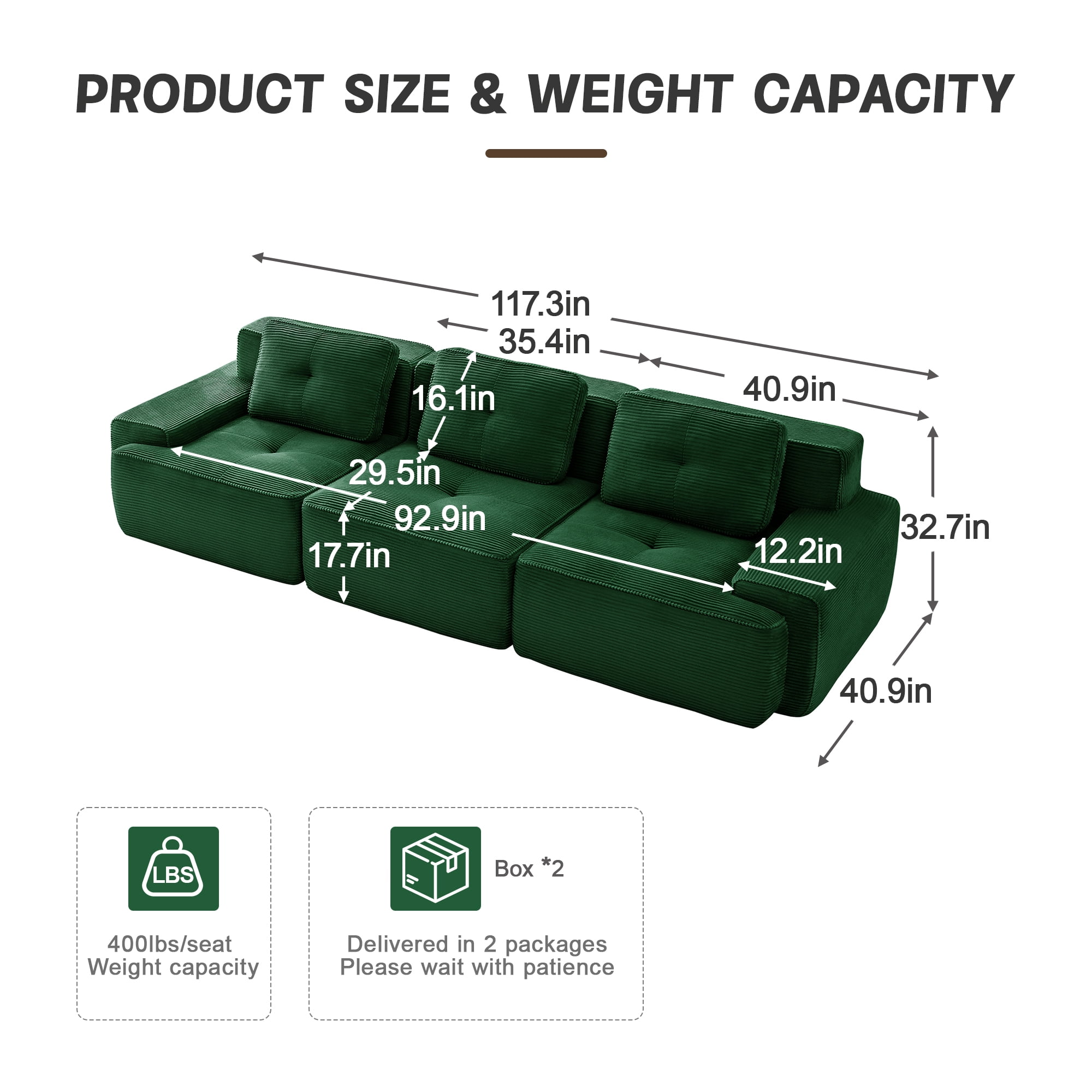 Yoneston 117" Modular Sectional Sofa 3 Seater Couch with Cushions, No Assembly Corduroy Sofa with Deep Seating for Living Room Bedroom Apartment, Green