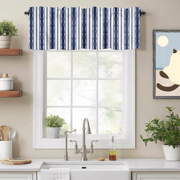 Navy Blue White Stripes Valances for Windows,Rod Pocket Valance for Kitchen Bedroom Bathroom Living Room, Summer Nautical Compass Window Valance Curtain Farmhouse Short Curtains 54x18in