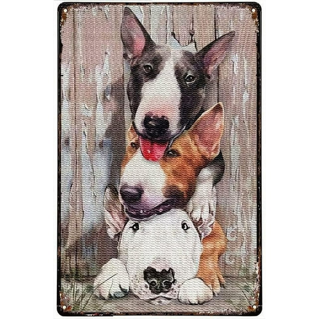 Retro Metal Tin Sign Funny Bull Terrier Friends Metal Tin Sign Art Holiday Decoration Outdoor & Indoor Sign Train Station Wall Decoration Tin Sign 8x12 inch