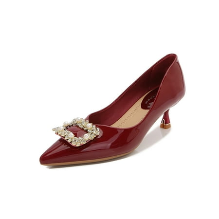 

Eloshman Women Stiletto Heels Mid Heel Dress Shoes Slip On Pumps Wedding Comfort Pointed Toe Fashion Wine Red 5.5