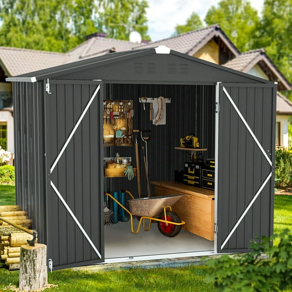 Sesslife 8' x 6' Outdoor Storage Shed, Patio Galvanized Steel Metal Shed with Lockable Doors, Garden Shed with Vents for Tools, Lawn Mover, Bike, Gray