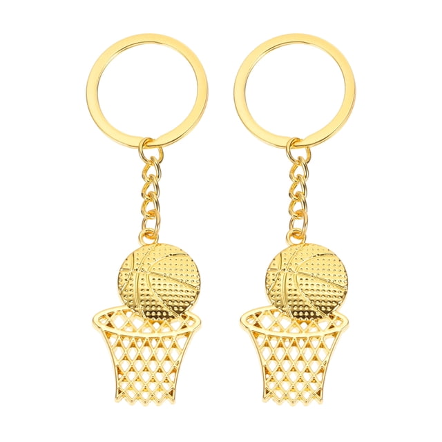 Uxcell Basketball Hoop Keychain, Mini Cute Sports Basketball Key Chain Gold. A set of two gold-colored metal keychains featuring a basketball and hoop design. Each keychain measures 47 x 28mm (1.85 x 1.1 inches) with an overall length of 100mm (3.94 inches) and a keyring diameter of 30mm (1.18 inches). Lightweight and durable, these keychains are suitable for keys, backpacks, handbags, and more.