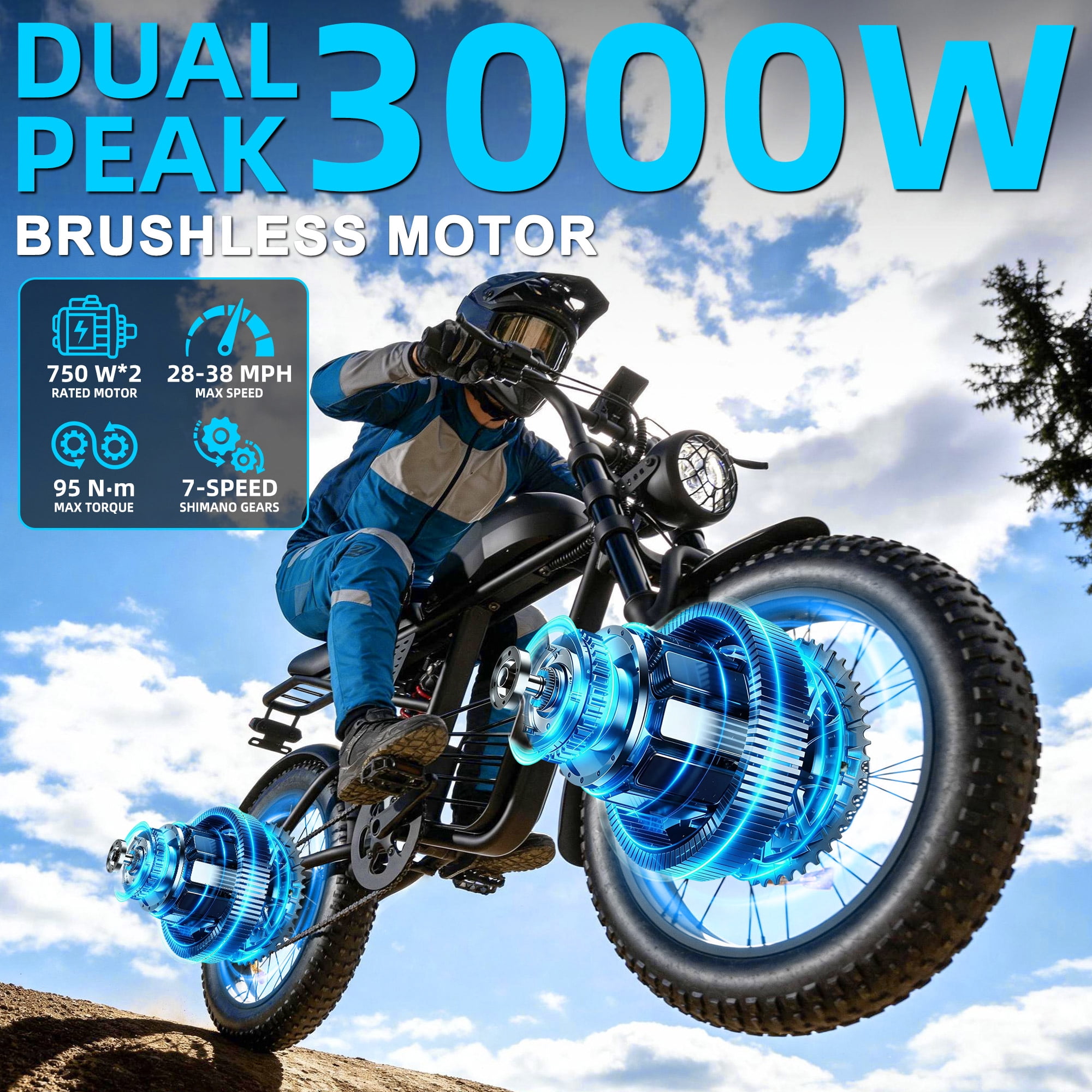 YUCHETX Electric Bike for Adults,3000W Peak Dual Motor, 35MPH Top Speed, Max 60-Mile Pedal Assist for City, 48V 35AH Battery,20"×4.0" Fat Tires,UL 2849,Fit for 18+