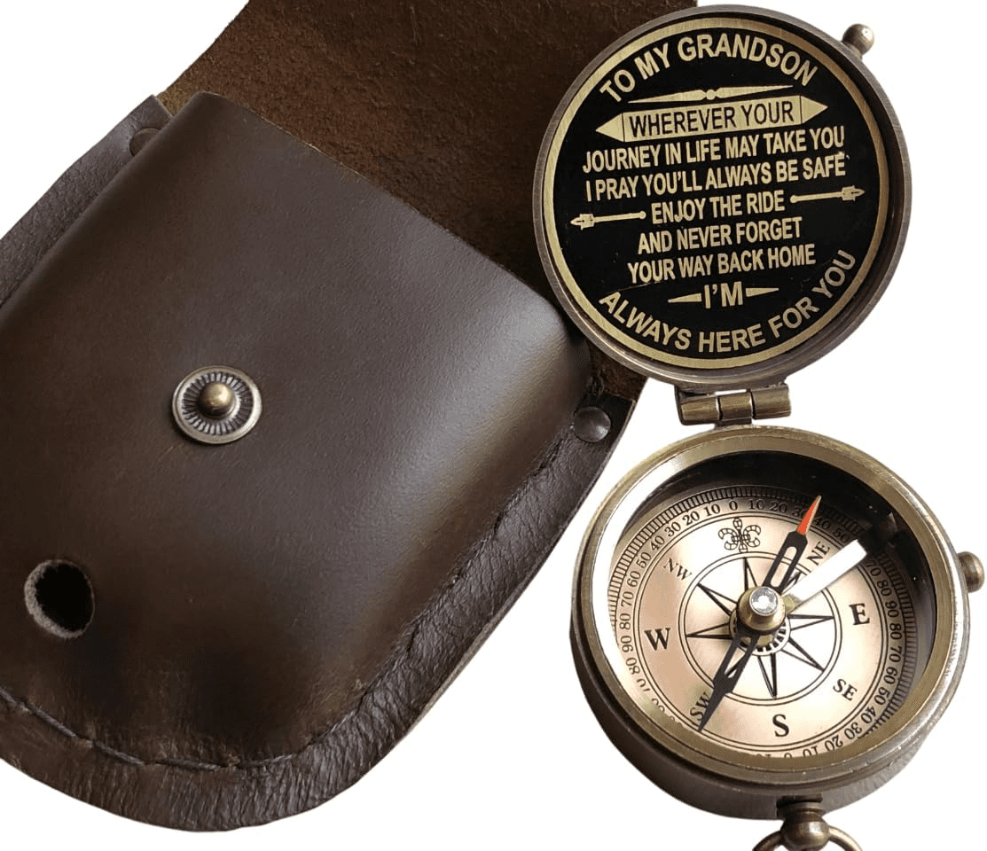 Gift for Grandson Brass Compass Engraved Quote | Memory Present to My Grandson Birthday, Baptism, Graduation, Confirmation, Love, Gift idea by Grandpa Grandma (Grandson - Always Here for You)