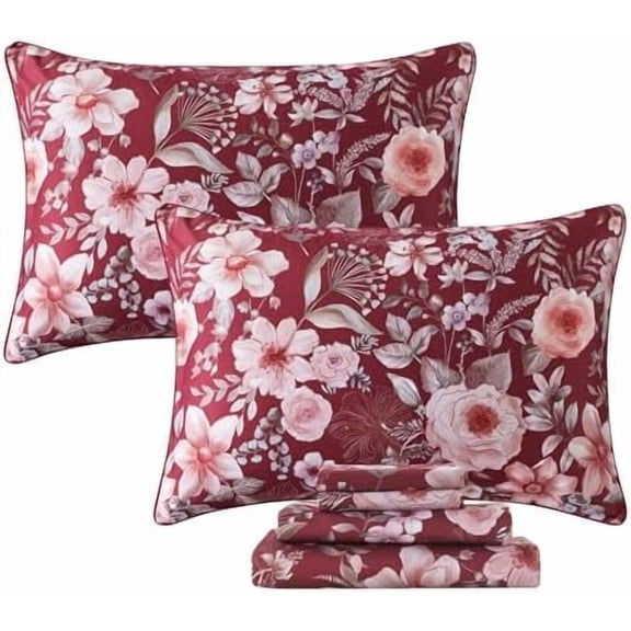 Floral Sheets Set Twin XL Vintage Red Floral Bedding Shabby Pink Rose Elegant Peony Sheets Farmhouse Bedding 800 Thread Count 100% Egyptian Cotton Deep Pocket Fitted Sheet 4Pcs, Twin XL Size