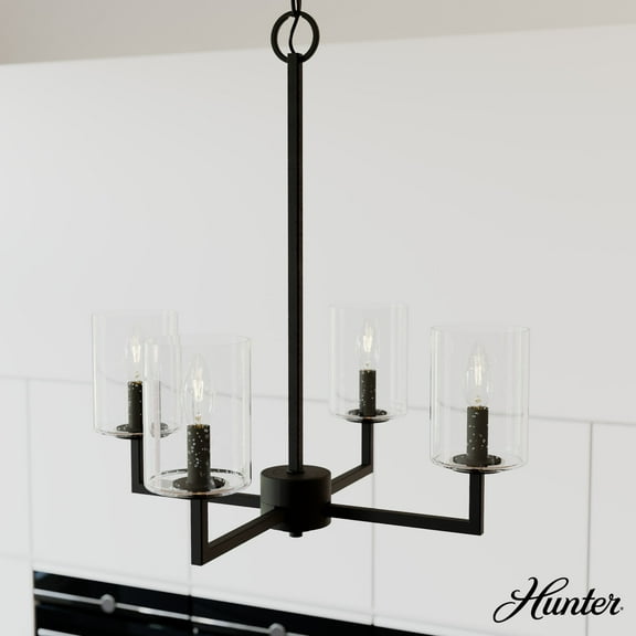 Hunter - Kerrison 4-light Natural Black Iron, Medium Size Chandelier, Dimmable, Candle Shaped, for Bedrooms, Dining, Living Rooms - 19536