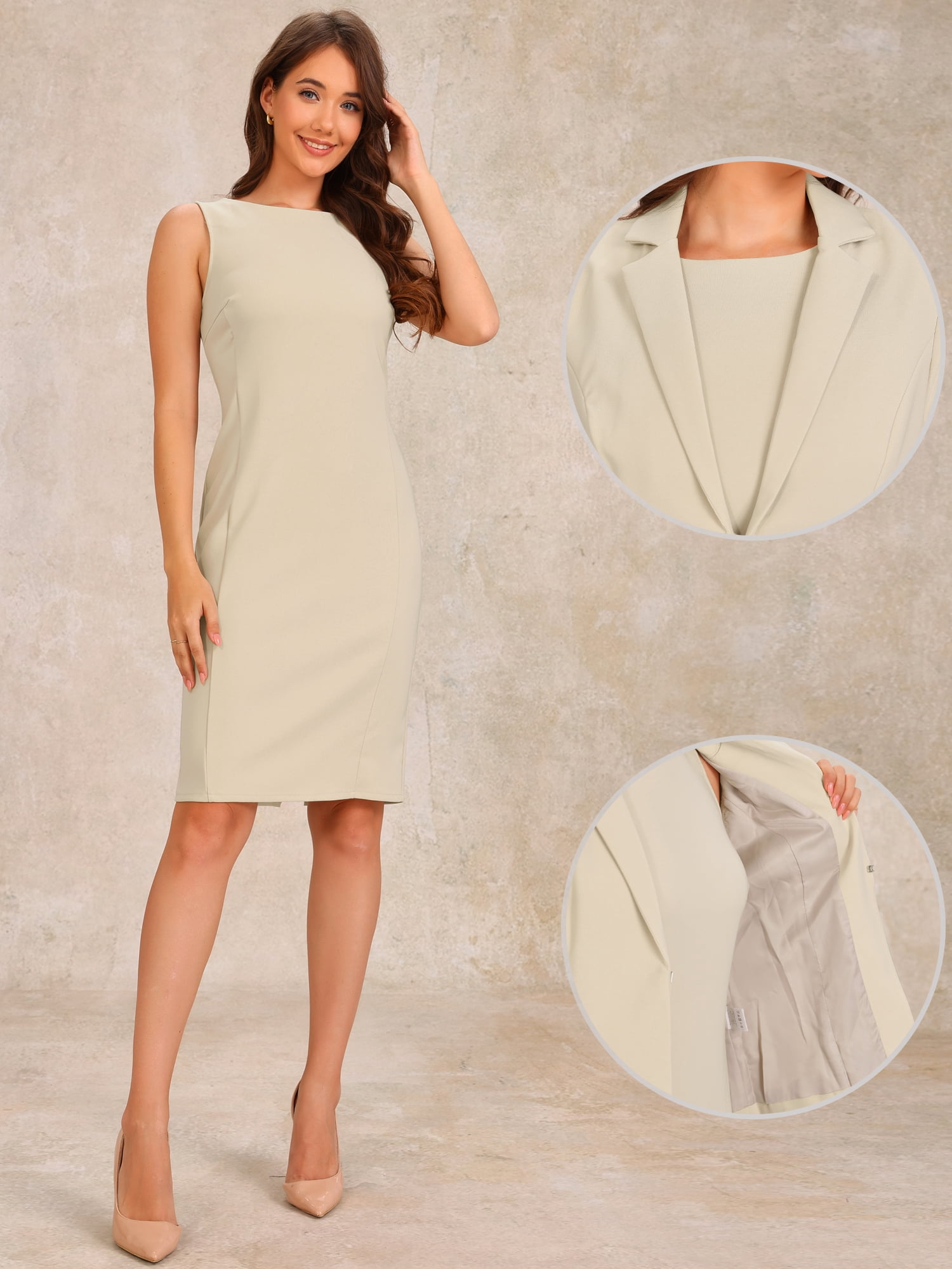 DARING DIVA 2Pcs Women's Sleeveless Dress Notched Lapel Blazer Suit Set L Khaki