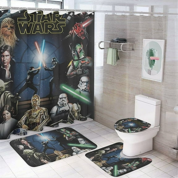 4 Pcs Shower Curtain Set Darth Vader Shower Curtain with 12 Hooks, Non-Slip Rugs,Toilet Lid Cover And Bath Mat for Bathroom Decor