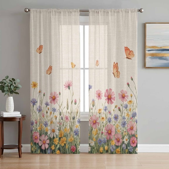 Watercolor Flowers Sheer Curtains 84 Inch Length 2 Panels Set, Spring Daisy Floral Butterflly Beige Voile Window Treatment Rod Pocket Curtains Sheers Drapes for Bedroom/Living Room/Kitchen 52"x84"x2