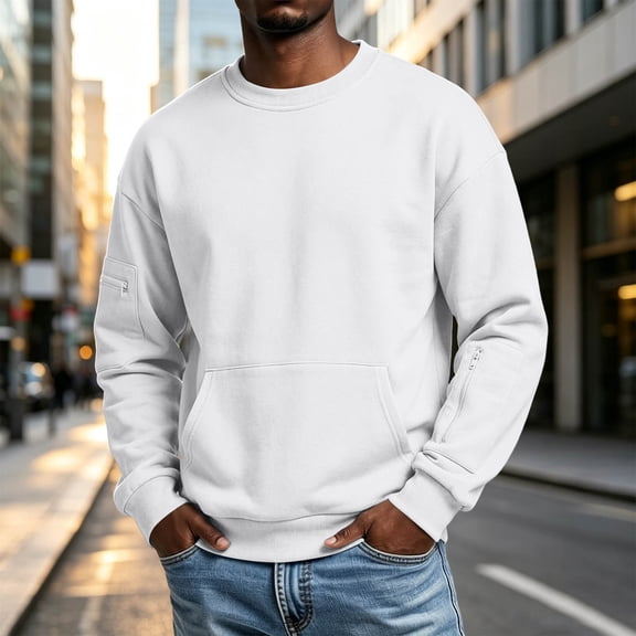 Men's Fleece Crewneck Sweatshirt Casual Long Sleeves Kangaroo Pocket Pullover Top (White,S)